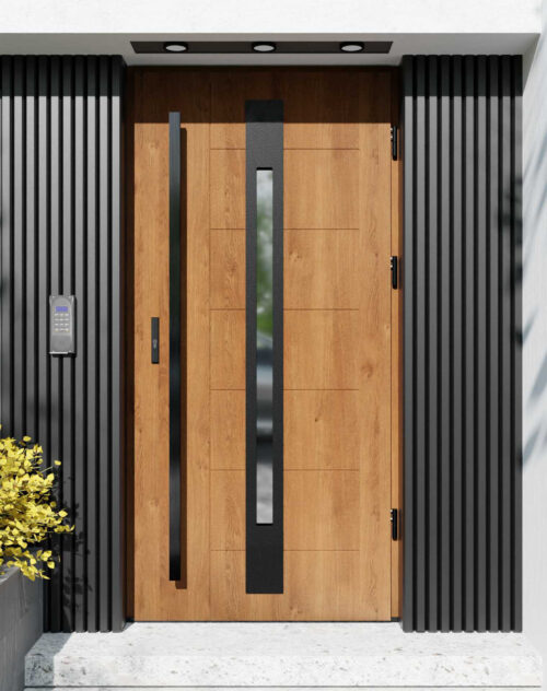 Drzwi zewnętrzne do domu z pochwytem i ościeżnicą drewnianą Libre 31 Noir Matt w systemie Wood extra