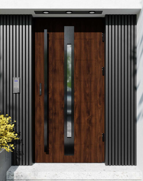 Drzwi zewnętrzne do domu z pochwytem i ościeżnicą drewnianą Libre 31 Noir w systemie Wood extra