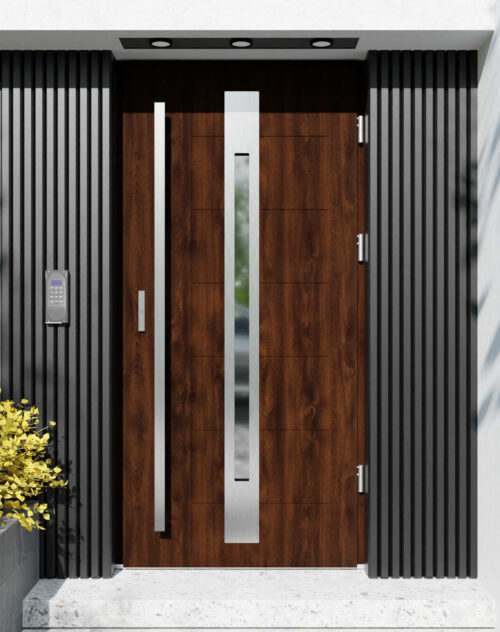 Drzwi zewnętrzne do domu z pochwytem i ościeżnicą drewnianą Libre 31 w systemie Wood extra