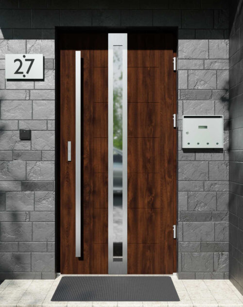 Drzwi zewnętrzne do domu z pochwytem i ościeżnicą drewnianą Libre 32 Noir w systemie Wood extra