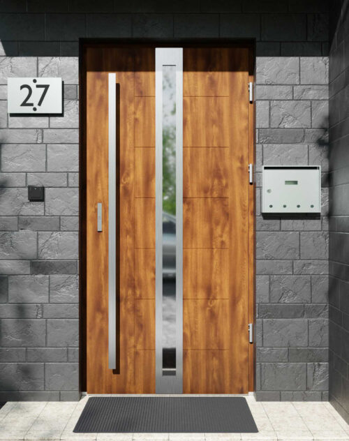 Drzwi zewnętrzne do domu z pochwytem i ościeżnicą drewnianą Libre 32 w systemie Wood extra