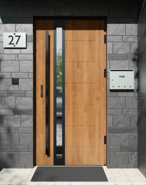 Drzwi zewnętrzne do domu z pochwytem i ościeżnicą drewnianą Libre 32B Noir Matt w systemie Wood extra