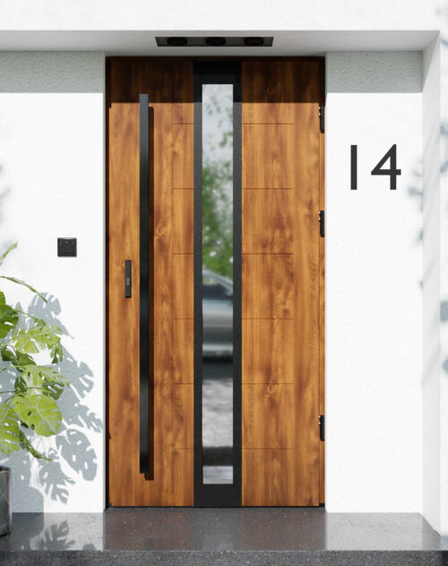 Drzwi zewnętrzne do domu z pochwytem i ościeżnicą drewnianą Libre 33 Noir Matt w systemie Wood extra