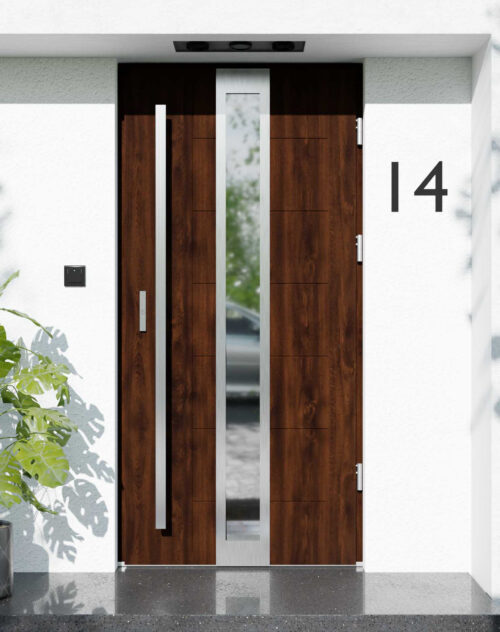 Drzwi zewnętrzne do domu z pochwytem i ościeżnicą drewnianą Libre 33 w systemie Wood extra