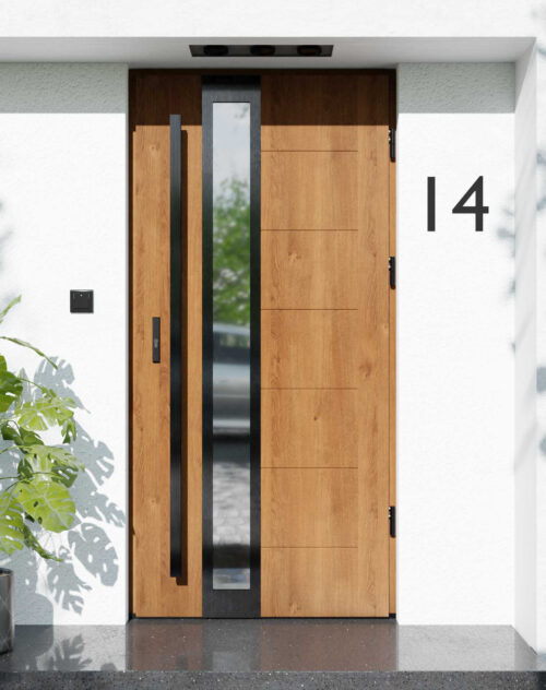 Drzwi zewnętrzne do domu z pochwytem i ościeżnicą drewnianą Libre 33B Noir w systemie Wood extra