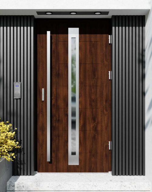 Drzwi zewnętrzne do domu z pochwytem i ościeżnicą drewnianą Libre 34 w systemie Wood extra