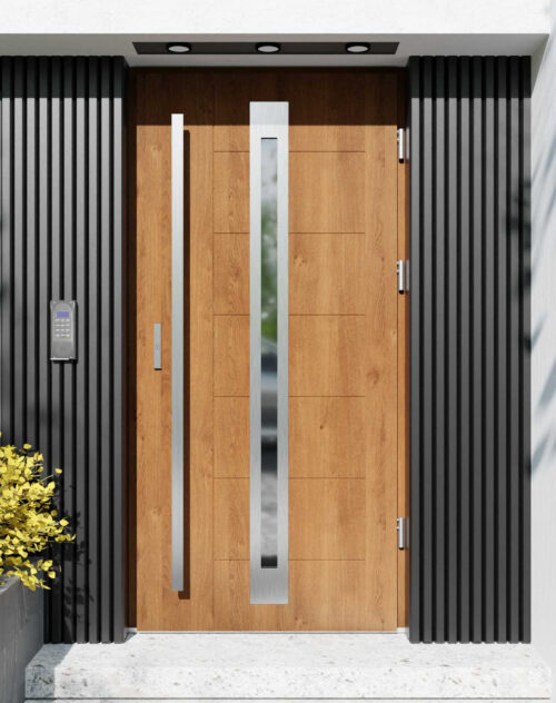 Drzwi zewnętrzne do domu z pochwytem i ościeżnicą aluminiową Libre 34 w systemie Alu