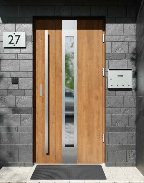 Drzwi zewnętrzne do domu z pochwytem i ościeżnicą drewnianą Libre 35 w systemie Wood extra