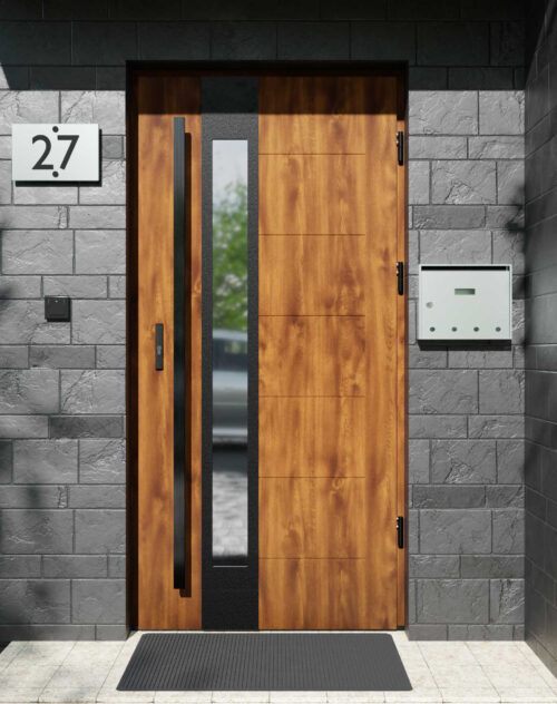 Drzwi zewnętrzne do domu z pochwytem i ościeżnicą drewnianą Libre 35B Noir Matt w systemie Wood extra