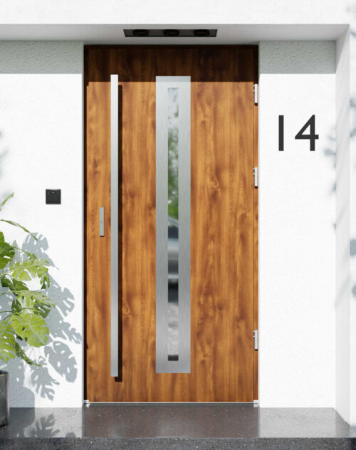 Drzwi zewnętrzne do domu z pochwytem i ościeżnicą drewnianą Otto 04 w systemie Wood extra