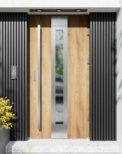 Drzwi zewnętrzne do domu z pochwytem i ościeżnicą aluminiową Otto 05 w systemie Alu