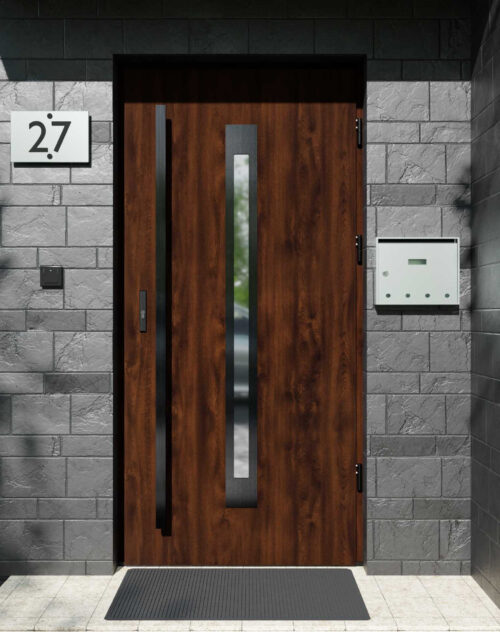 Drzwi zewnętrzne do domu z pochwytem i ościeżnicą drewnianą Otto 11 Noir w systemie Wood extra