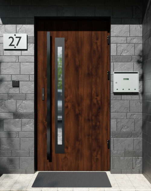 Drzwi zewnętrzne do domu z pochwytem i ościeżnicą drewnianą Otto 11B Noir Matt w systemie Wood extra