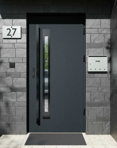 Drzwi zewnętrzne do domu z pochwytem i ościeżnicą aluminiową Otto 11B Noir w systemie Alu extra