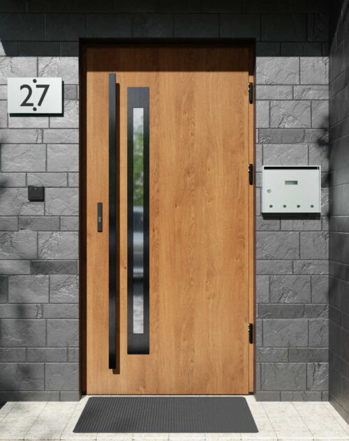 Drzwi zewnętrzne do domu z pochwytem i ościeżnicą drewnianą Otto 11B Noir w systemie Wood extra