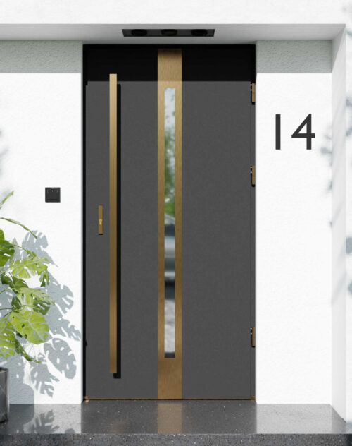 Drzwi zewnętrzne do domu z pochwytem i ościeżnicą drewnianą Otto 12 Gold w systemie Wood extra