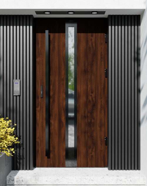 Drzwi zewnętrzne do domu z pochwytem i ościeżnicą drewnianą Otto 32 Noir w systemie Wood extra