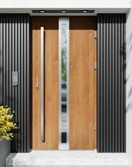 Drzwi zewnętrzne do domu z pochwytem i ościeżnicą drewnianą Otto 32 w systemie Wood extra