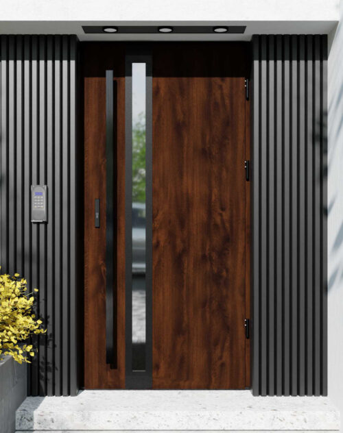 Drzwi zewnętrzne do domu z pochwytem i ościeżnicą drewnianą Otto 32B Noir Matt w systemie Wood extra