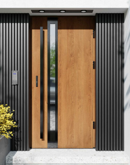 Drzwi zewnętrzne do domu z pochwytem i ościeżnicą drewnianą Otto 32B Noir w systemie Wood extra