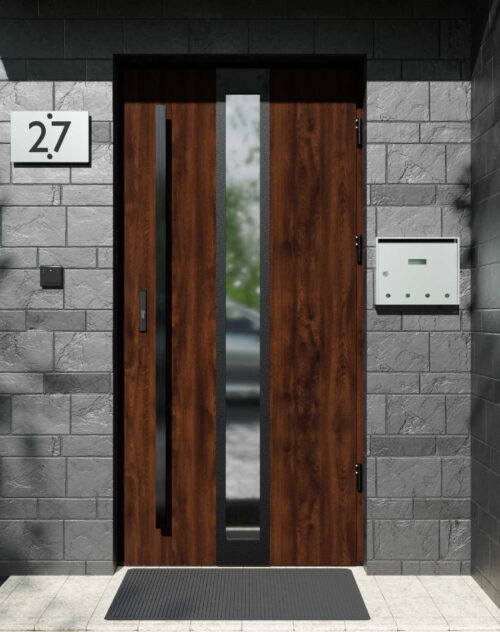 Drzwi zewnętrzne do domu z pochwytem i ościeżnicą drewnianą Otto 33 Noir Matt w systemie Wood extra