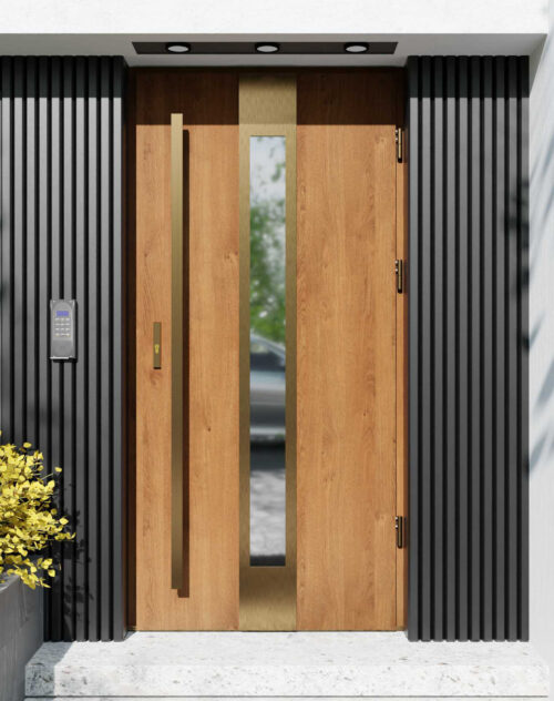 Drzwi zewnętrzne do domu z pochwytem i ościeżnicą drewnianą Otto 35 Gold w systemie Wood extra