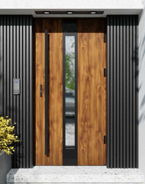 Drzwi zewnętrzne do domu z pochwytem i ościeżnicą drewnianą Otto 35 Noir Matt w systemie Wood extra