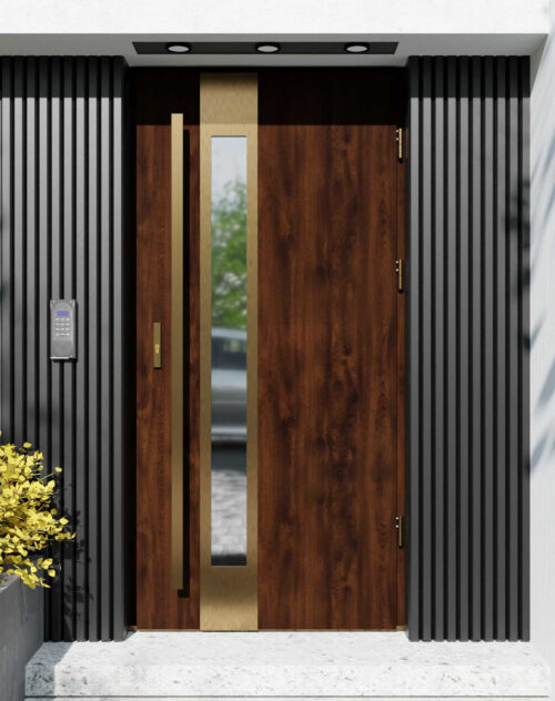 Drzwi zewnętrzne do domu z pochwytem i ościeżnicą drewnianą Otto 35B Gold w systemie Wood extra