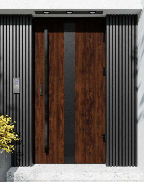 Drzwi zewnętrzne do domu z pochwytem i ościeżnicą drewnianą Otto 42 Noir Matt w systemie Wood extra