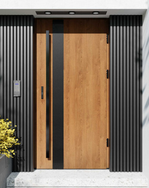 Drzwi zewnętrzne do domu z pochwytem i ościeżnicą drewnianą Otto 42B Noir Matt w systemie Wood extra