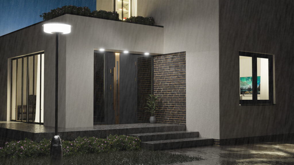 grafitowe drzwi ze złotymi okuciami
