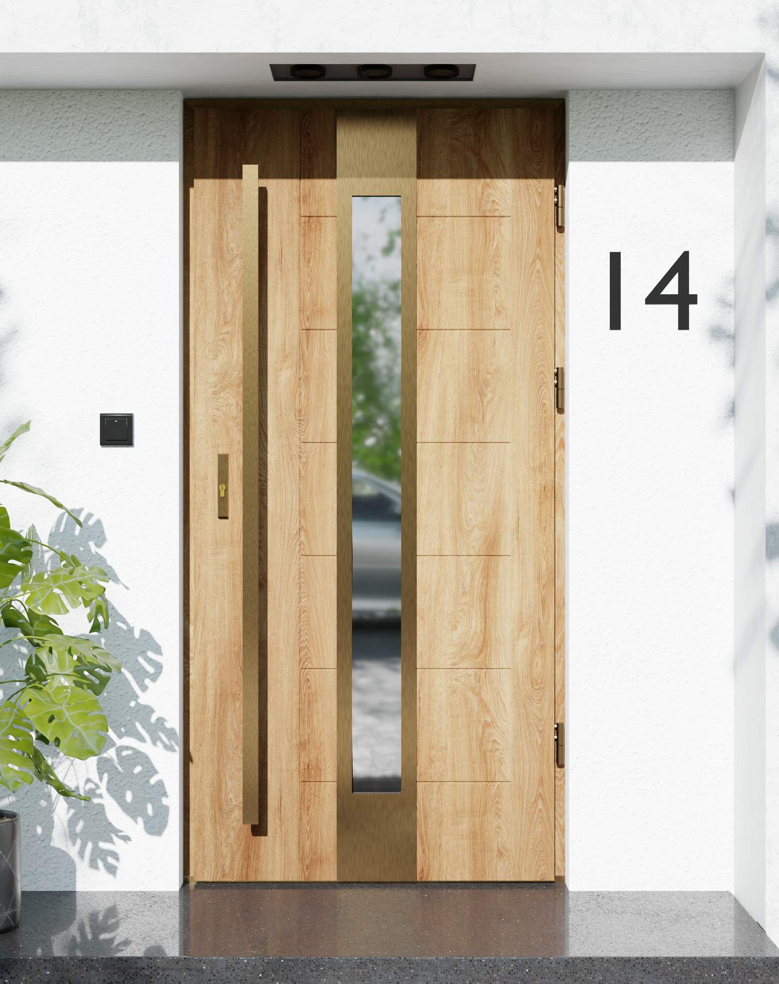 Drzwi zewnętrzne do domu z pochwytem i ościeżnicą drewnianą Libre 35 Gold w systemie Wood extra