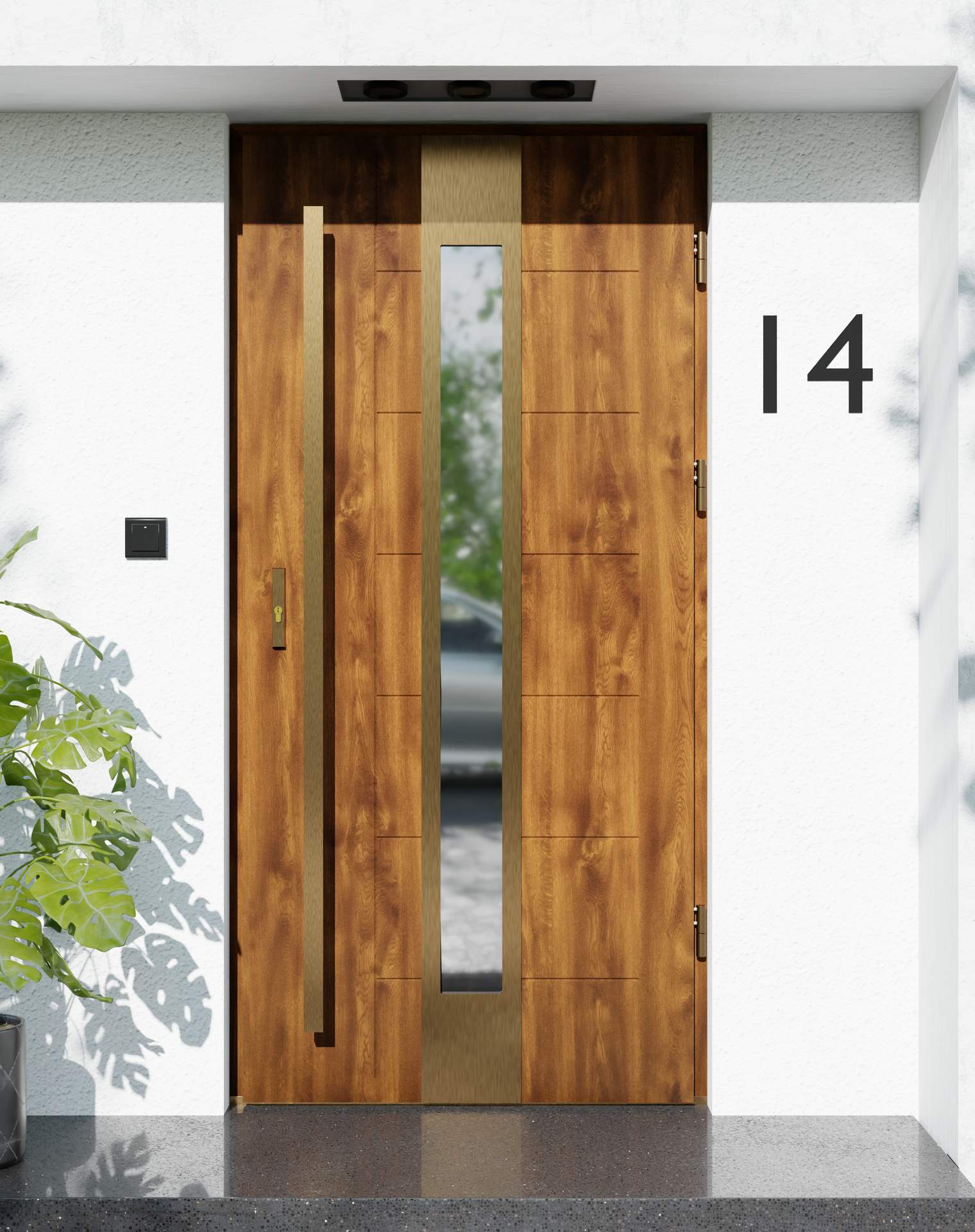 Drzwi zewnętrzne do domu z pochwytem i ościeżnicą drewnianą Libre 35 Gold w systemie Wood extra