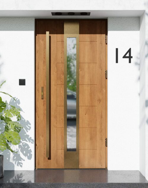 Drzwi zewnętrzne do domu z pochwytem i ościeżnicą drewnianą Libre 35 Gold w systemie Wood extra
