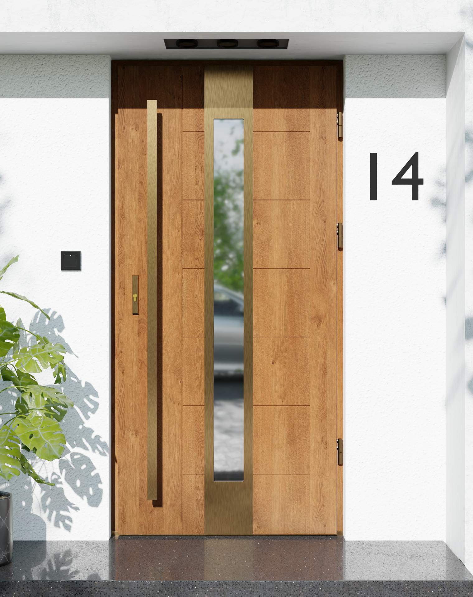 Drzwi zewnętrzne do domu z pochwytem i ościeżnicą drewnianą Libre 35 Gold w systemie Wood extra