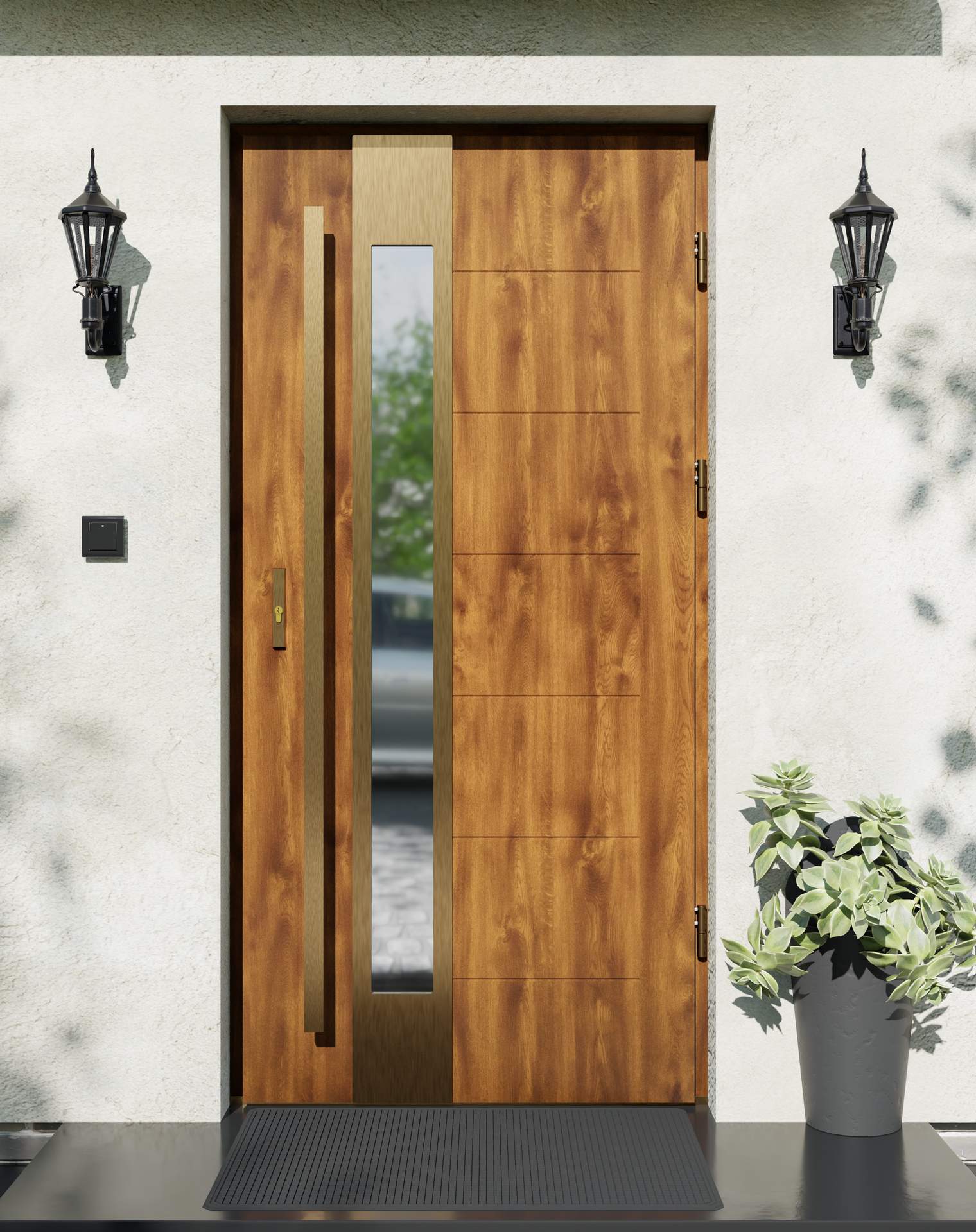 Drzwi zewnętrzne do domu z pochwytem i ościeżnicą drewnianą Libre 35B Gold w systemie Wood extra