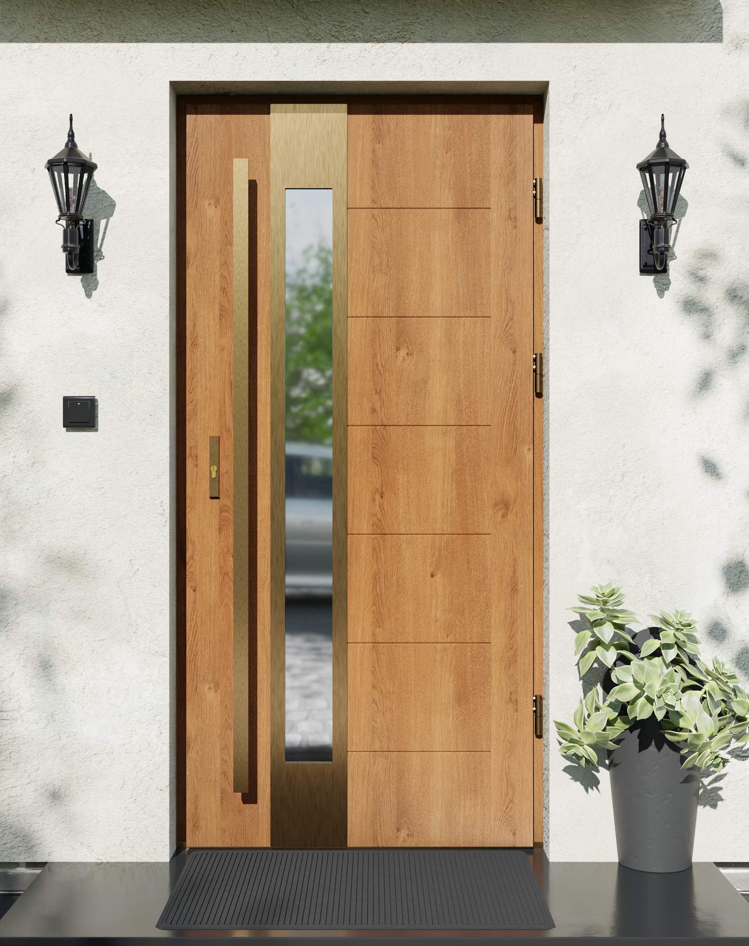 Drzwi zewnętrzne do domu z pochwytem i ościeżnicą drewnianą Libre 35B Gold w systemie Wood extra