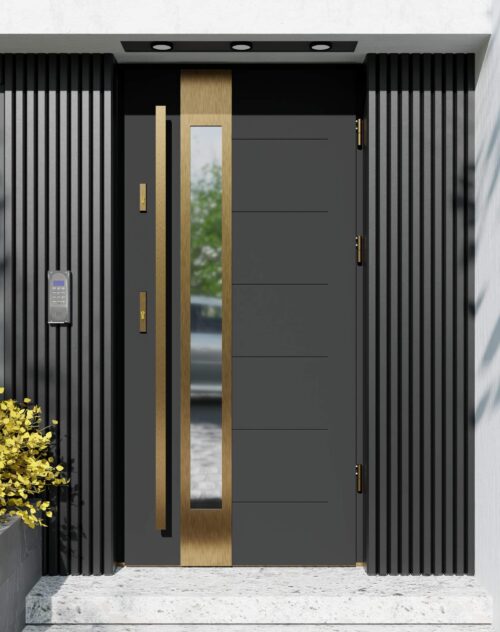 Drzwi zewnętrzne do domu z pochwytem i ościeżnicą aluminiową Libre 35B Gold w systemie Alu
