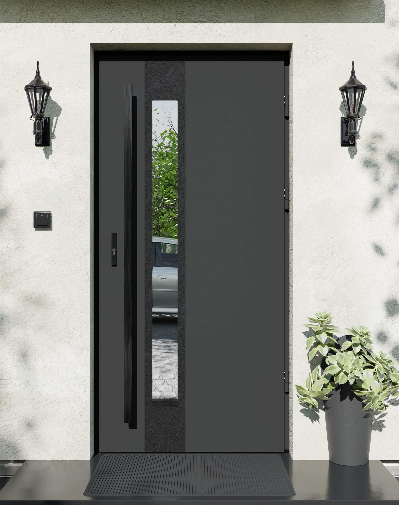 Drzwi zewnętrzne do domu z pochwytem i ościeżnicą drewnianą Otto 35B Noir Matt w systemie Wood extra