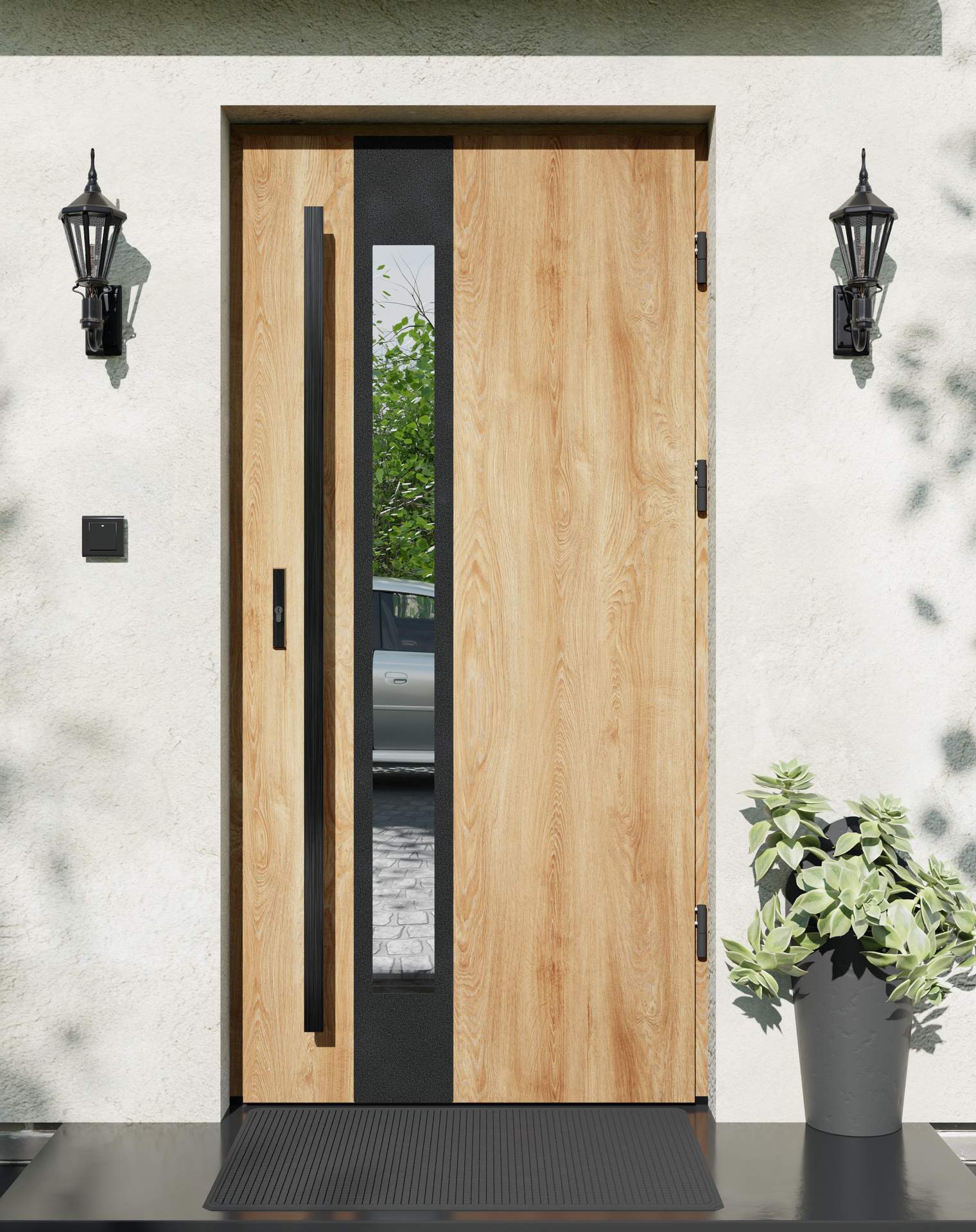 Drzwi zewnętrzne do domu z pochwytem i ościeżnicą drewnianą Otto 35B Noir Matt w systemie Wood extra