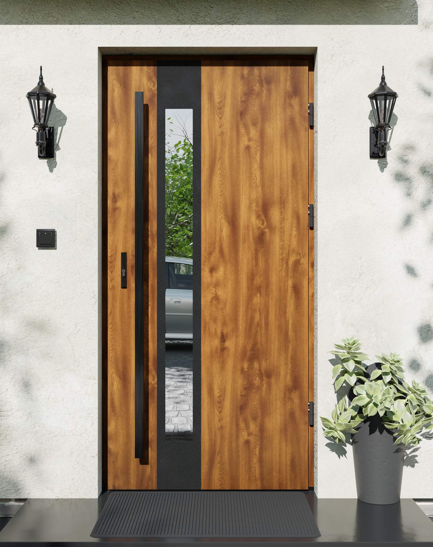 Drzwi zewnętrzne do domu z pochwytem i ościeżnicą drewnianą Otto 35B Noir Matt w systemie Wood extra