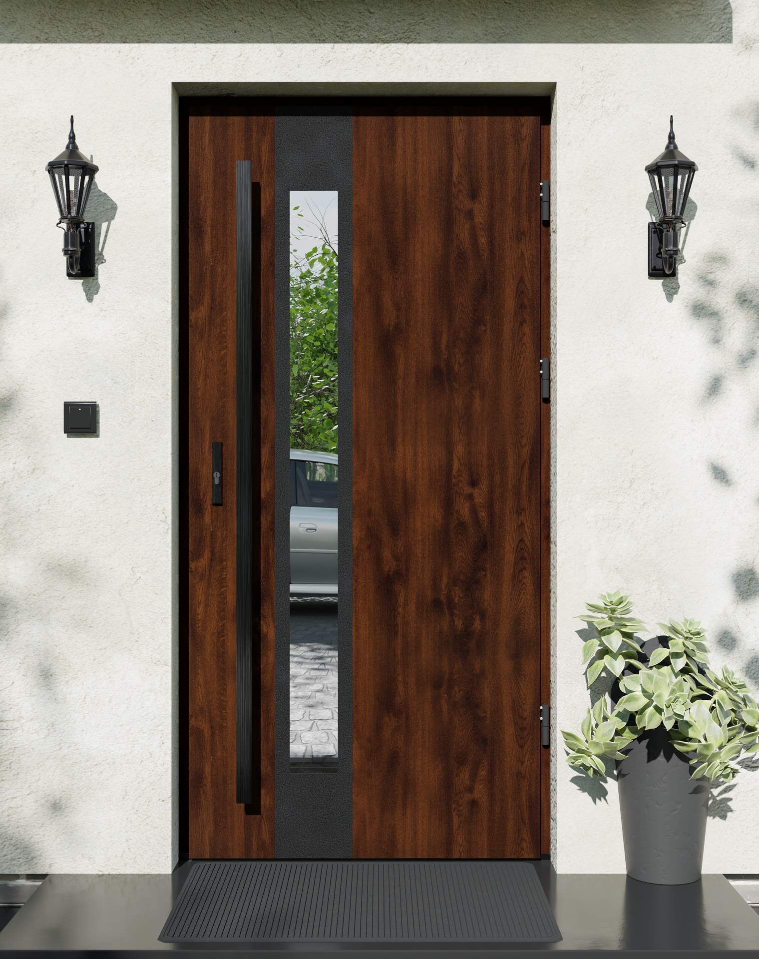 Drzwi zewnętrzne do domu z pochwytem i ościeżnicą drewnianą Otto 35B Noir Matt w systemie Wood extra