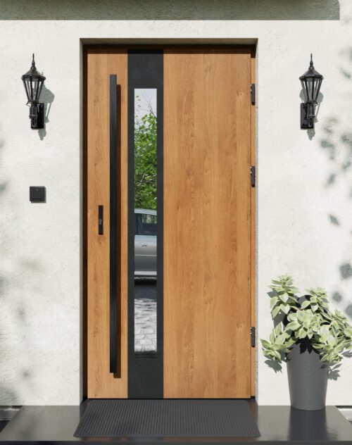 Drzwi zewnętrzne do domu z pochwytem i ościeżnicą drewnianą Otto 35B Noir Matt w systemie Wood extra