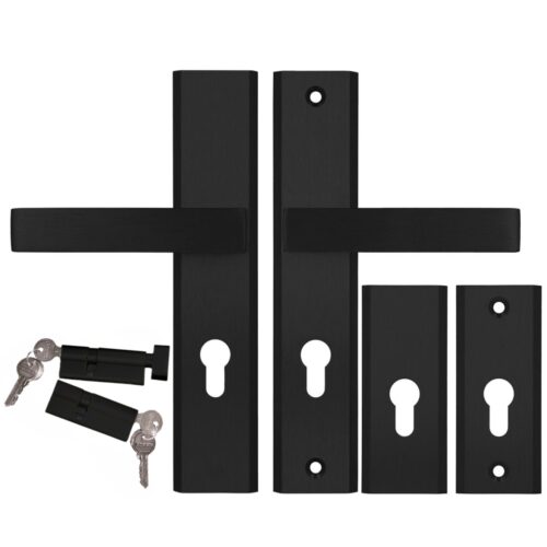 Komplet okuć Logo kolor czarny (klamka Alubrass + szyld górny rozeta Alubrass) + wkładki w systemie jednego klucza 40/50 kolor czarny, rozstaw klamki 72mm