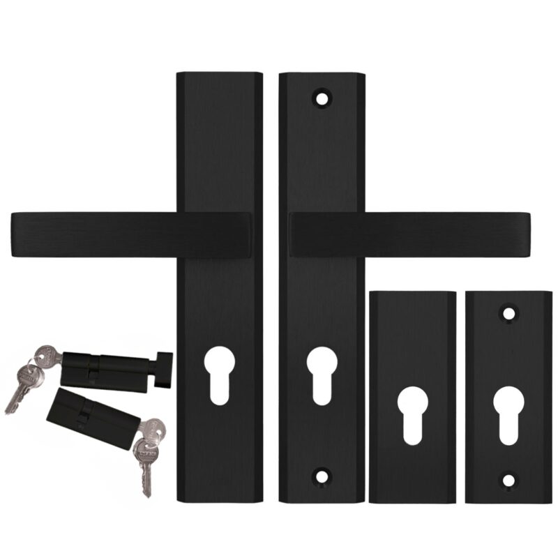 Komplet okuć Logo kolor czarny (klamka Alubrass + szyld górny rozeta Alubrass) + wkładki w systemie jednego klucza 40/50 kolor czarny, rozstaw klamki 72mm